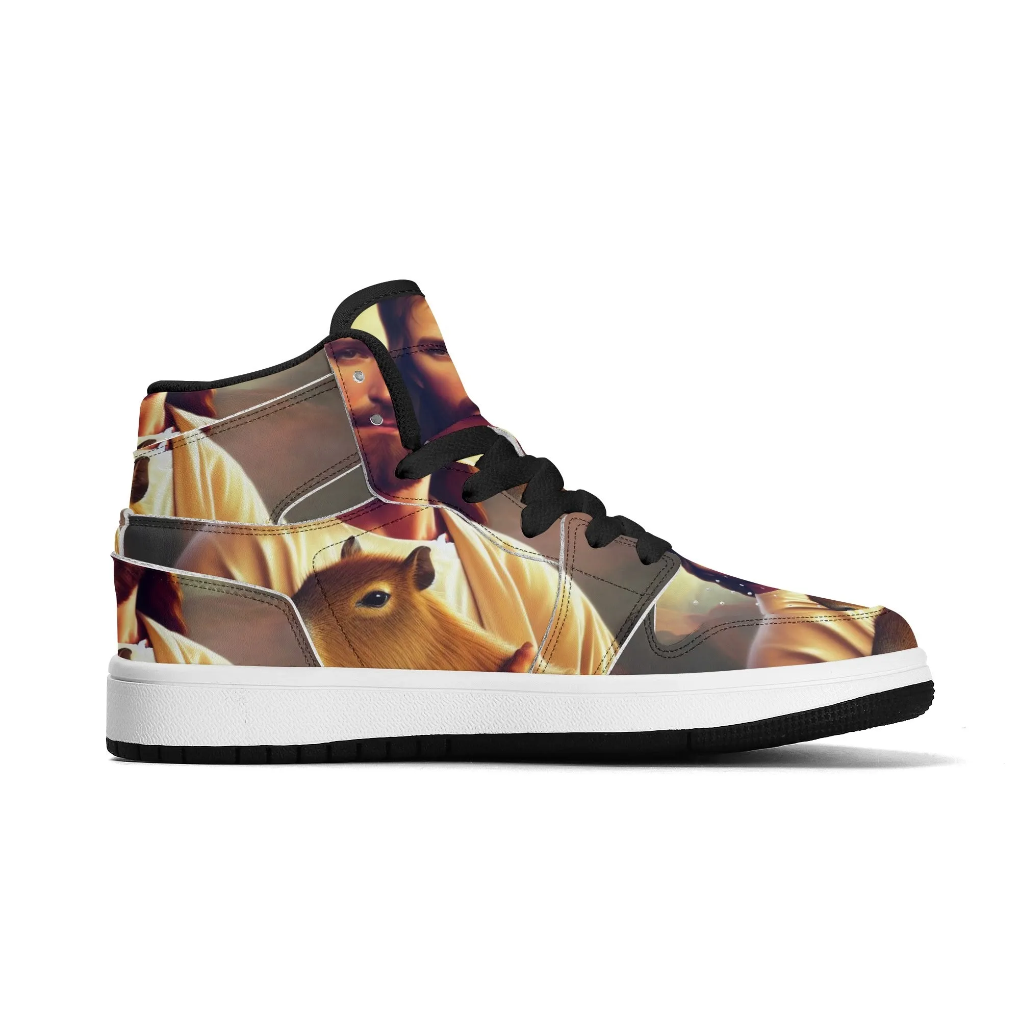 Jesus Holding Capybara Children Premium High Top Leather Sneakers