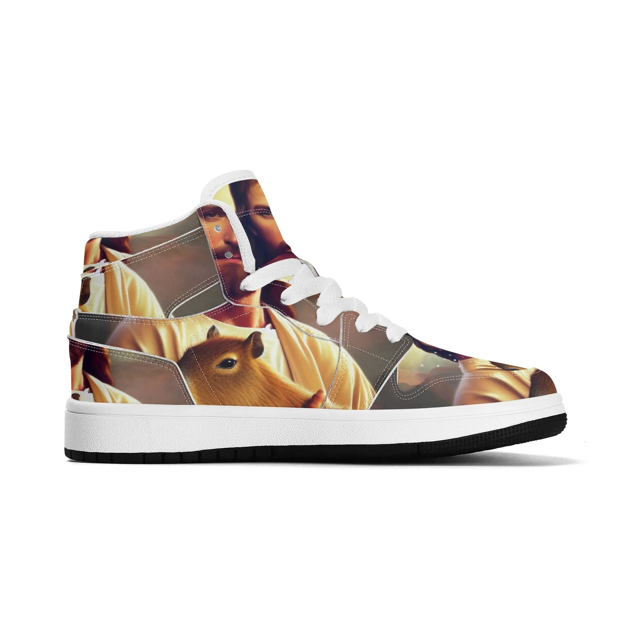 Jesus Holding Capybara Children Premium High Top Leather Sneakers