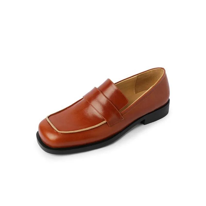 Leather Penny Loafers for Women Square Toe in Orange/Black