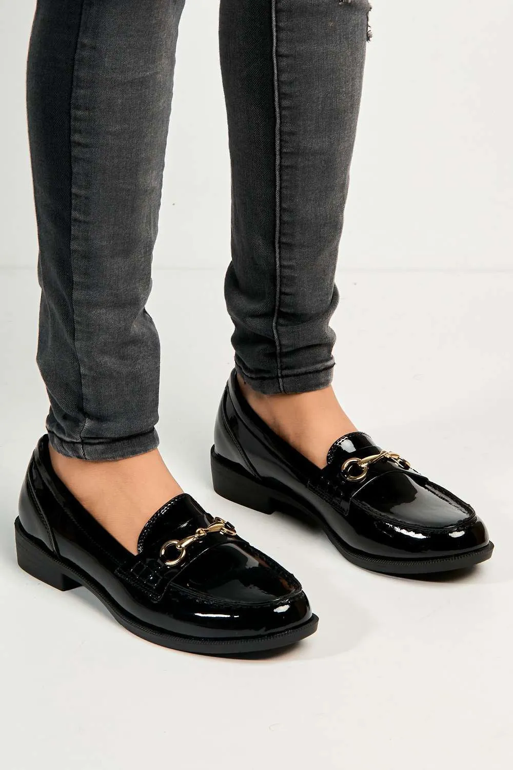 Leefia Horsebit Detail Loafers in Black Patent