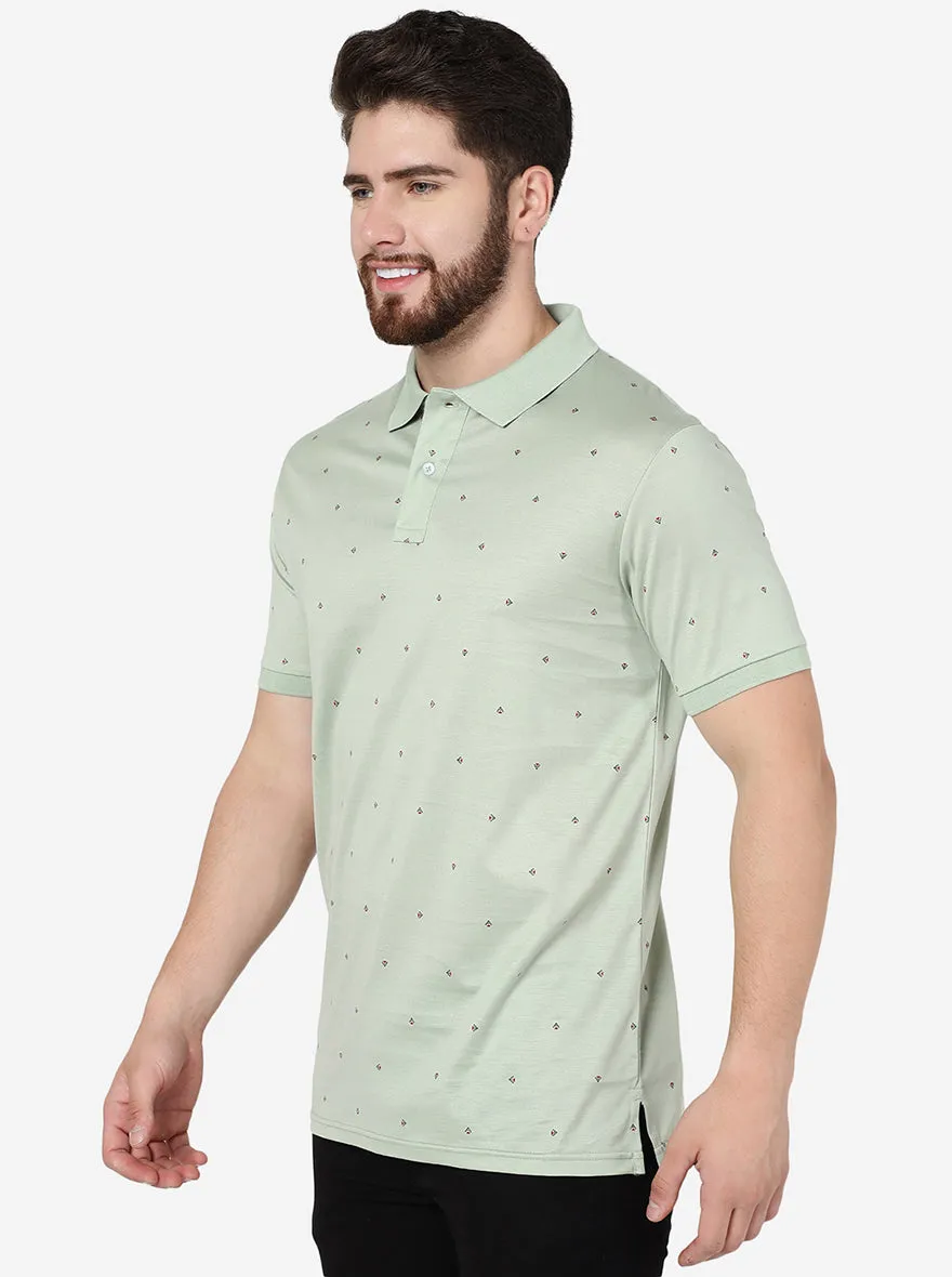 Light Green Printed Slim Fit Polo T-Shirt | JadeBlue