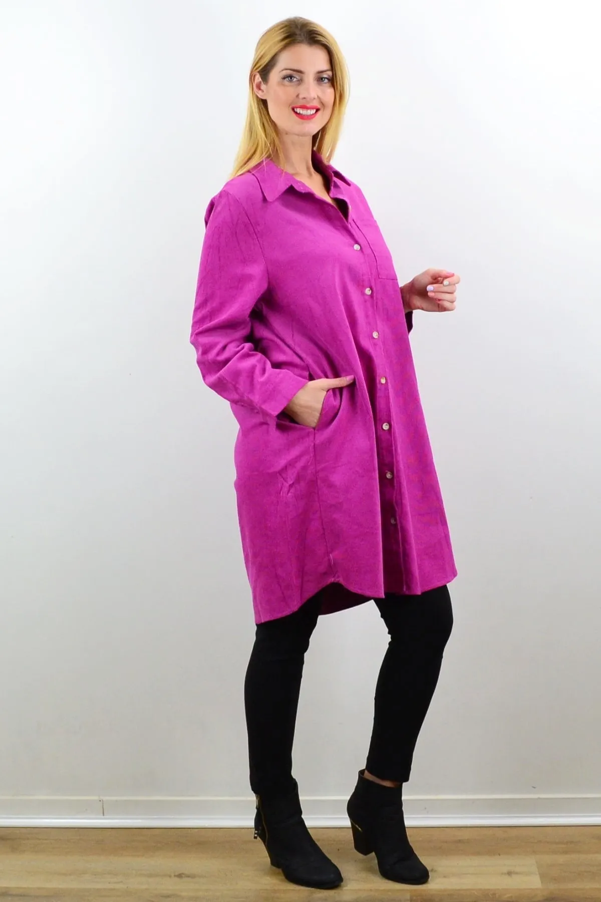 Long Fuchsia Corduroy Tunic Shirt Dress