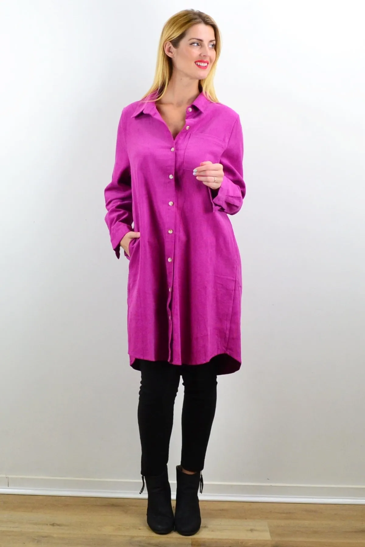 Long Fuchsia Corduroy Tunic Shirt Dress