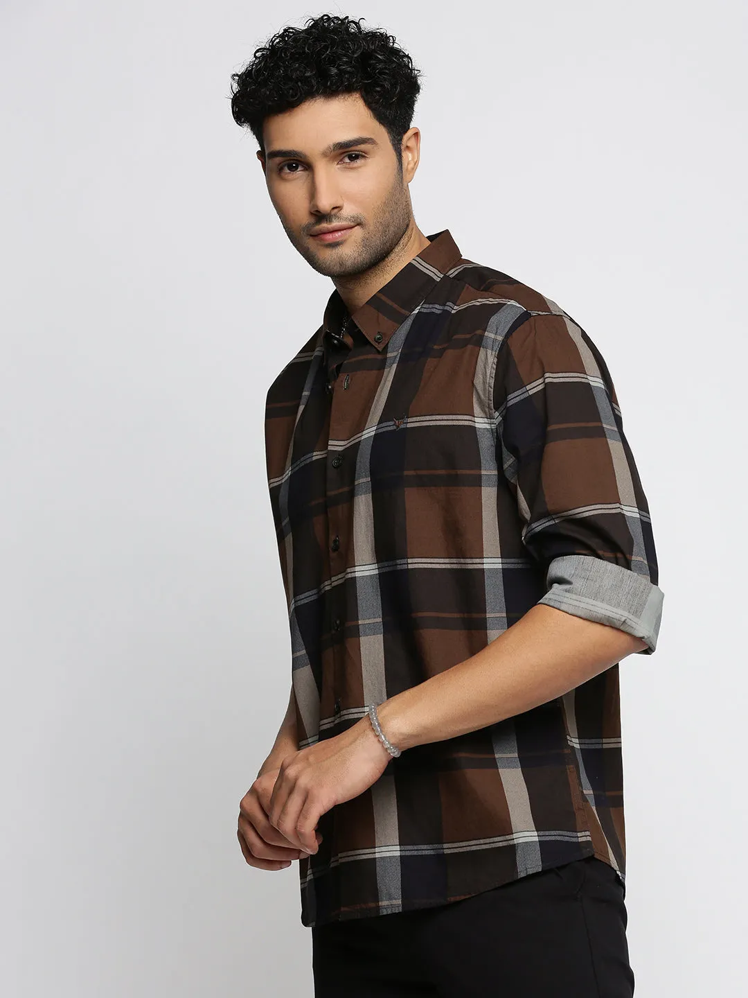 Men Brown Spread Collar Tartan Checks Shirt