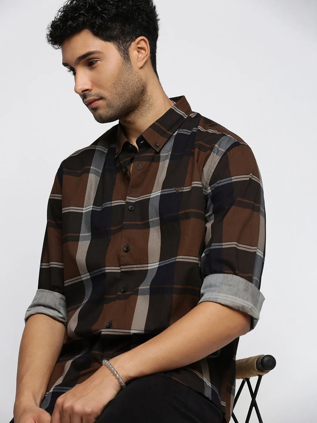 Men Brown Spread Collar Tartan Checks Shirt