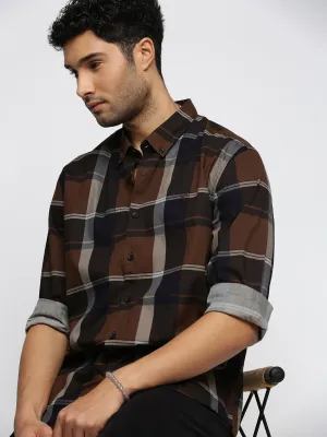 Men Brown Spread Collar Tartan Checks Shirt