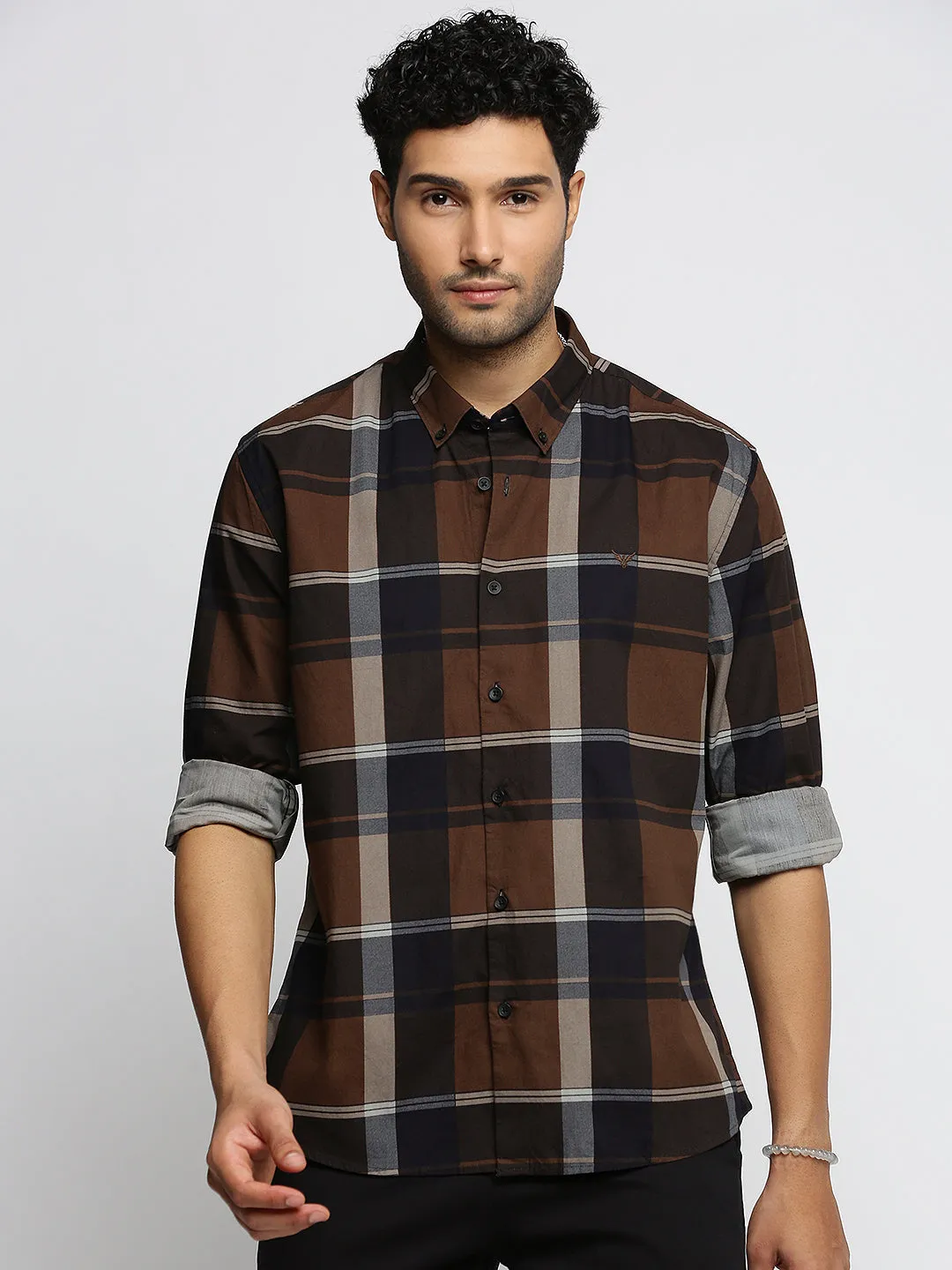 Men Brown Spread Collar Tartan Checks Shirt