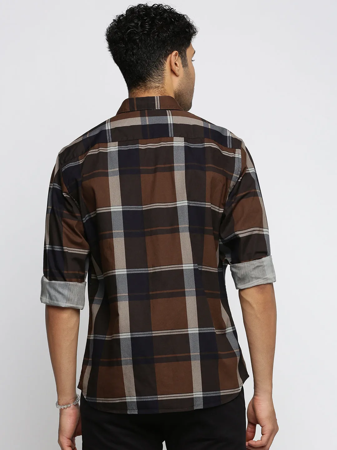 Men Brown Spread Collar Tartan Checks Shirt