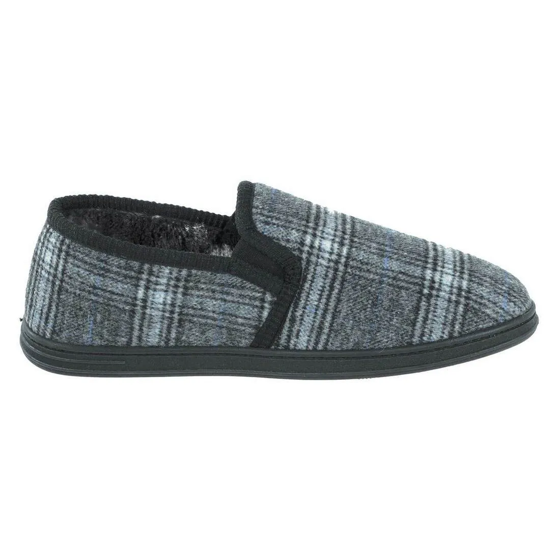 Mens Full Slippers Check Fleece Faux Fur Lining Non-Slip Sole