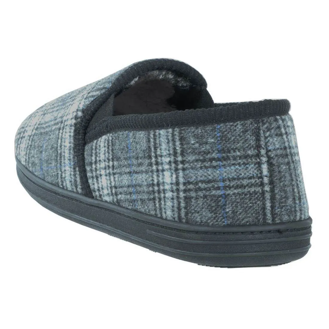 Mens Full Slippers Check Fleece Faux Fur Lining Non-Slip Sole