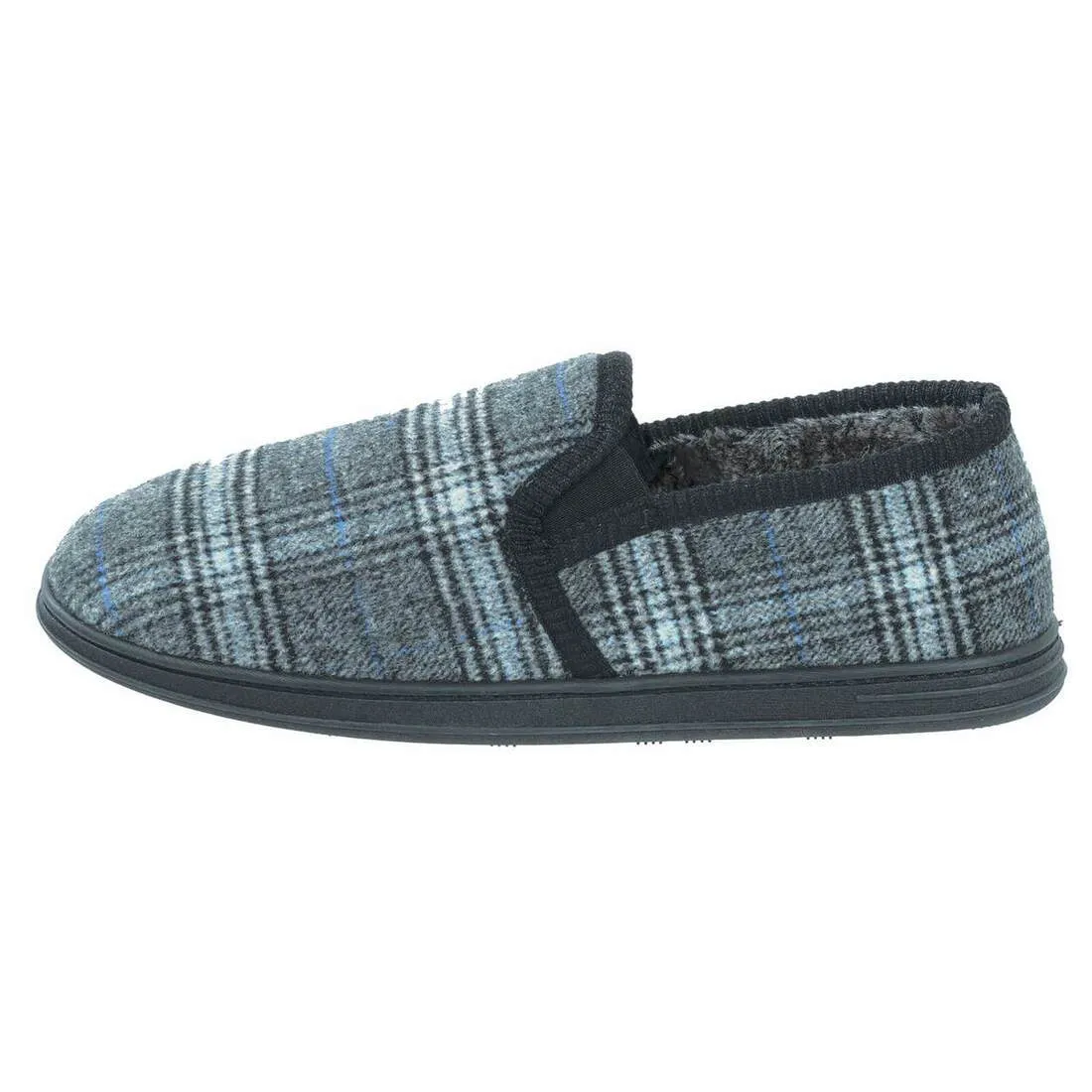 Mens Full Slippers Check Fleece Faux Fur Lining Non-Slip Sole