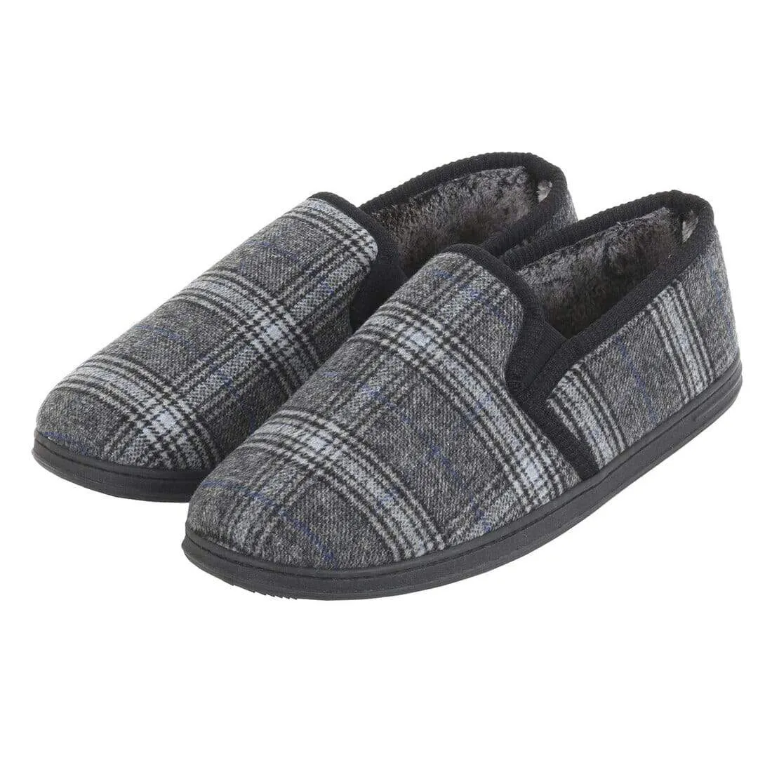 Mens Full Slippers Check Fleece Faux Fur Lining Non-Slip Sole