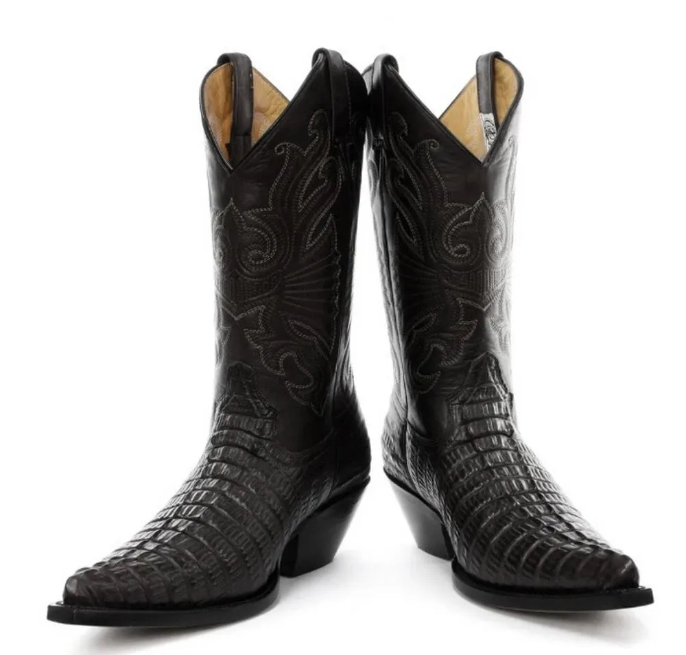 Mens Hi Cowboy Boots Pointed Black Brown Grinders Leather Crocodile Western Cuban