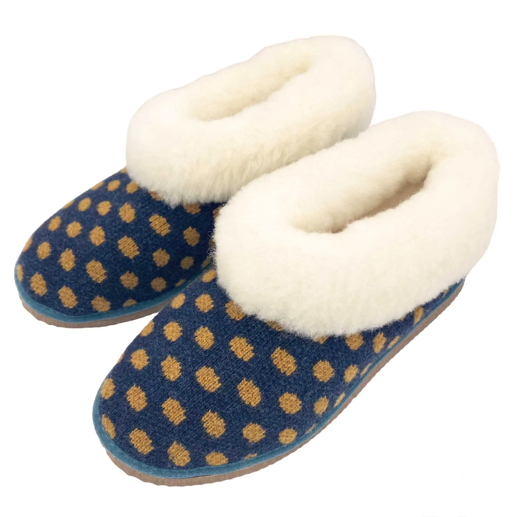 Navy & Mustard Spot Lambswool & Sheepskin Boot Slippers