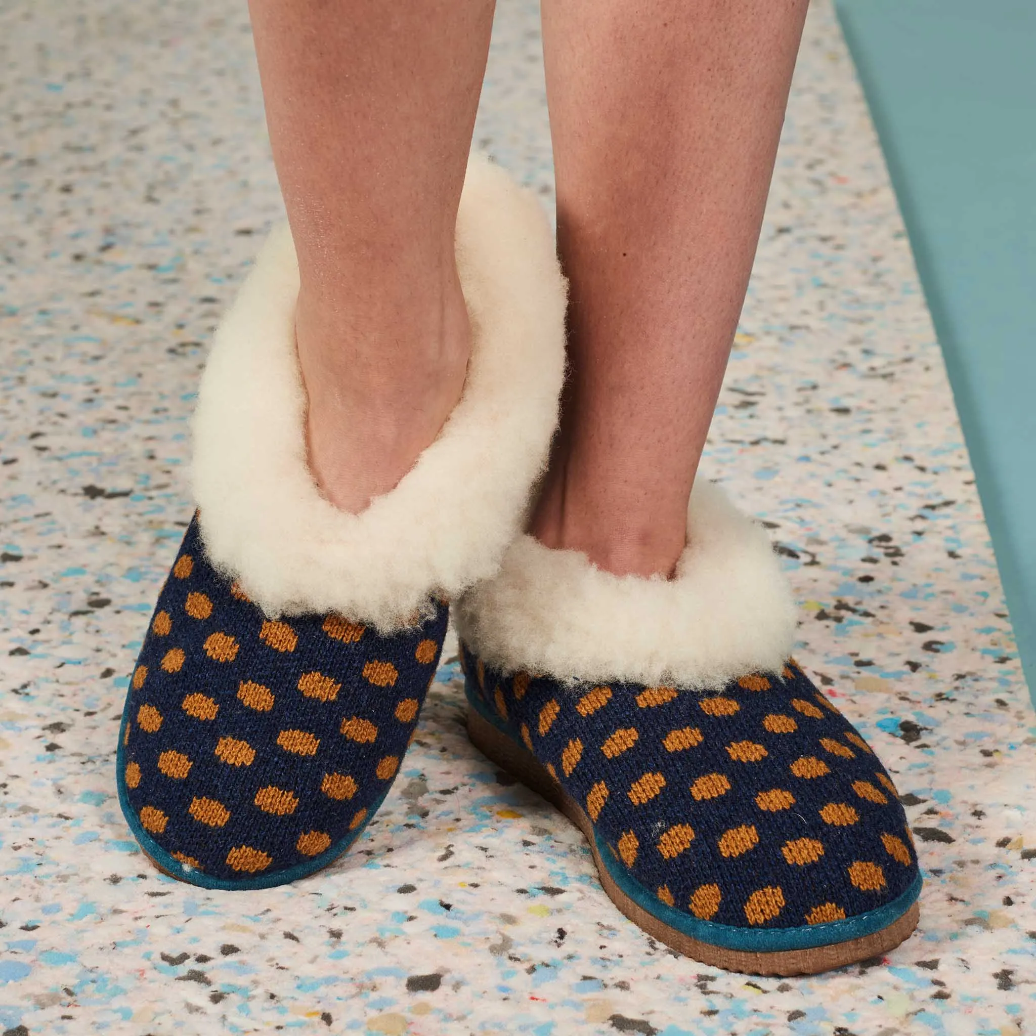 Navy & Mustard Spot Lambswool & Sheepskin Boot Slippers