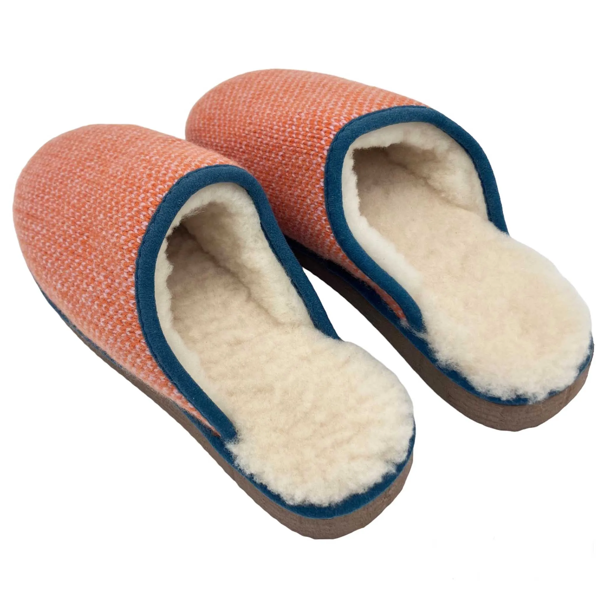 Orange & Light Pink Check Lambswool & Sheepskin Slippers