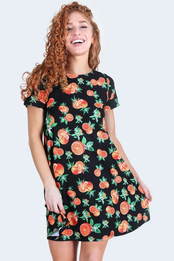 Orange Fruit Dress with Pockets