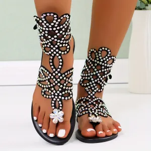 Purpdrank [Summer Comfortable Rhinestone Sandals] Women's Rhinestone Decor Flat Sandals, Comfortable Summer Beach Fashion Buckle Strap Shoes