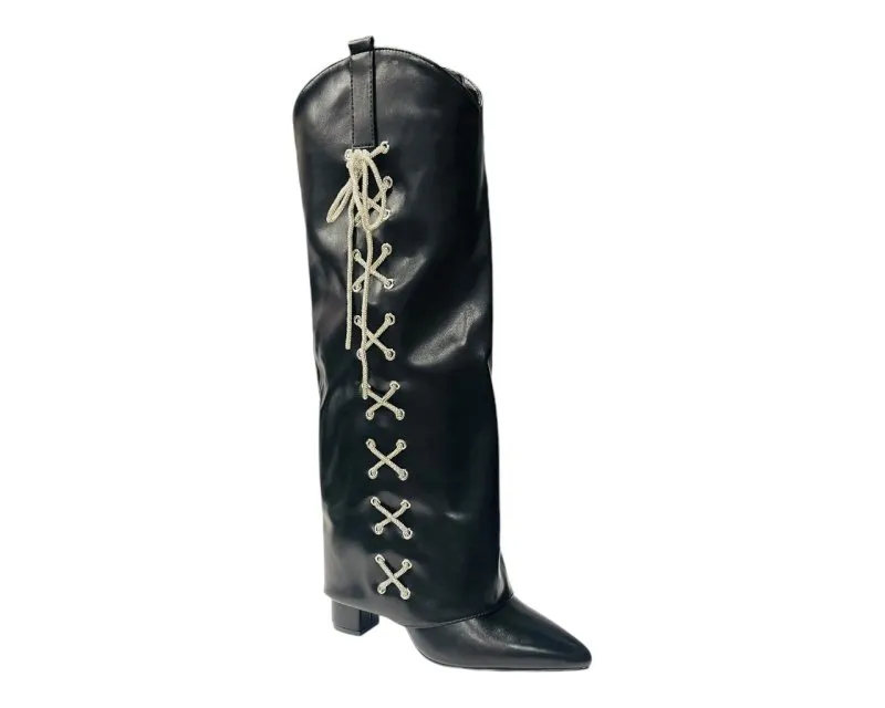 Rhinestone Faux Leather Fold Over Block Heel Boots