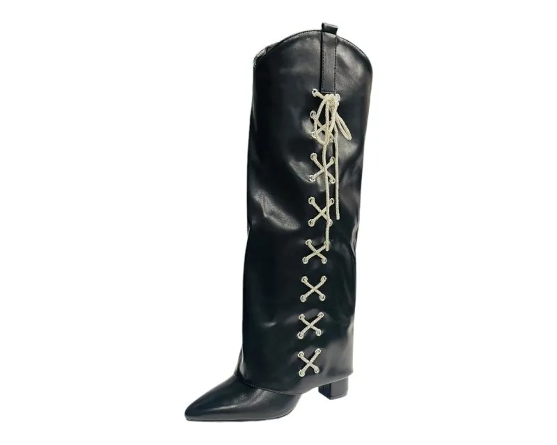 Rhinestone Faux Leather Fold Over Block Heel Boots