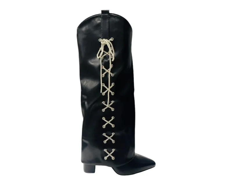 Rhinestone Faux Leather Fold Over Block Heel Boots