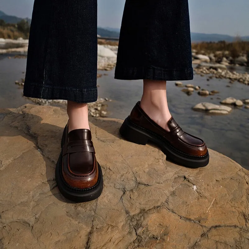 Round Toe Leather Penny Loafers for Women in Coffee/Black