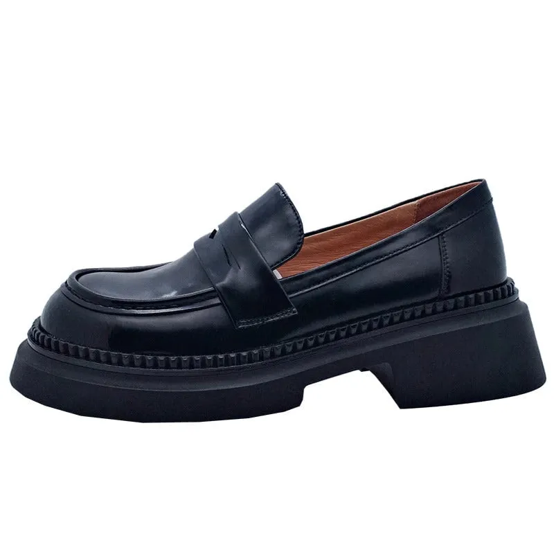 Round Toe Leather Penny Loafers for Women in Coffee/Black