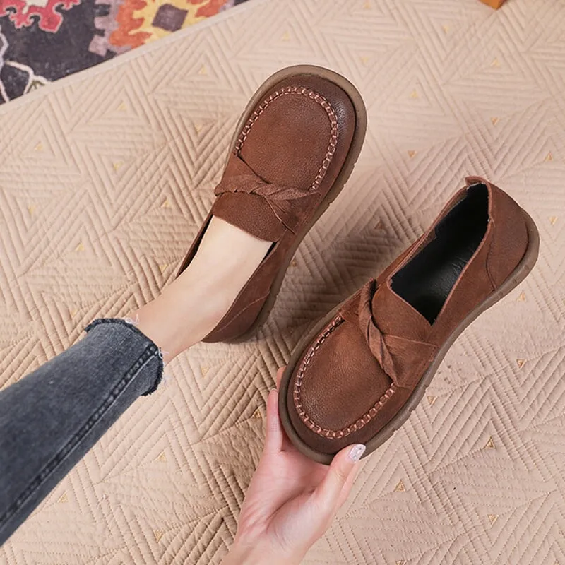 Round Toe Soft Leather Loafers for Women in Green/Coffee