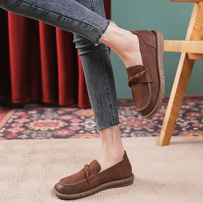 Round Toe Soft Leather Loafers for Women in Green/Coffee