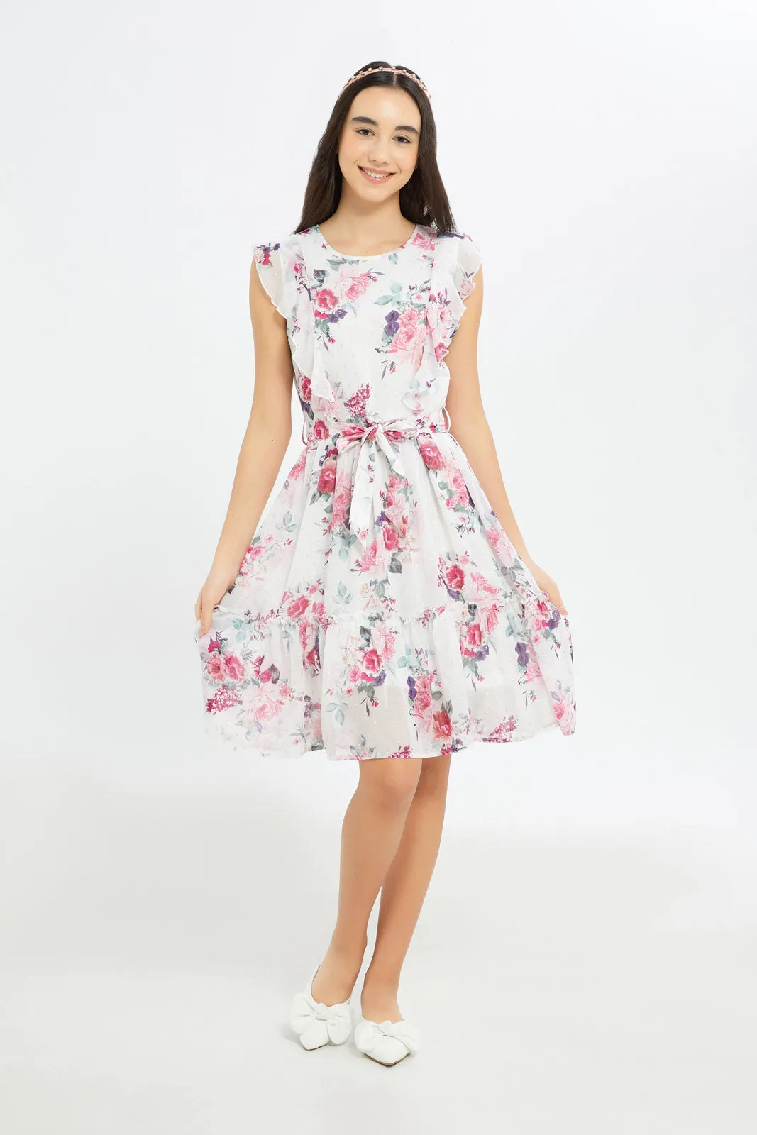 Senior Girls White Floral Lurex Dress