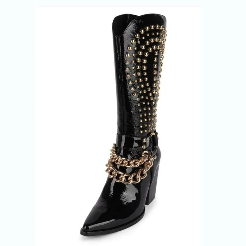 Stylish Black Patent Leather Western Cowboy Boots with Rivet Belt Buckle