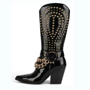 Stylish Black Patent Leather Western Cowboy Boots with Rivet Belt Buckle