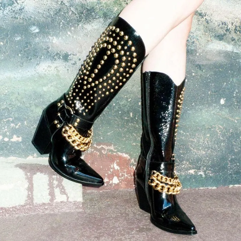 Stylish Black Patent Leather Western Cowboy Boots with Rivet Belt Buckle