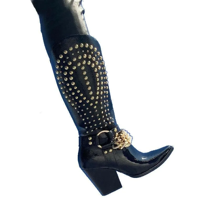 Stylish Black Patent Leather Western Cowboy Boots with Rivet Belt Buckle