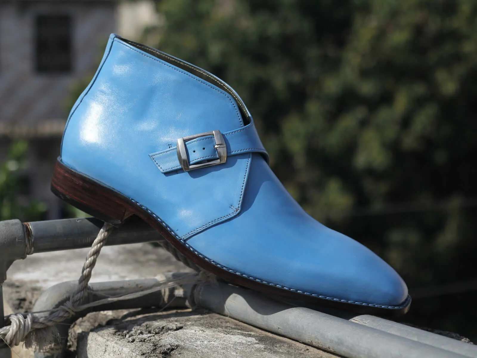 Stylish Handmade Men's Blue Buckle Ankle Boots, Men Leather Chukka Designer Boots