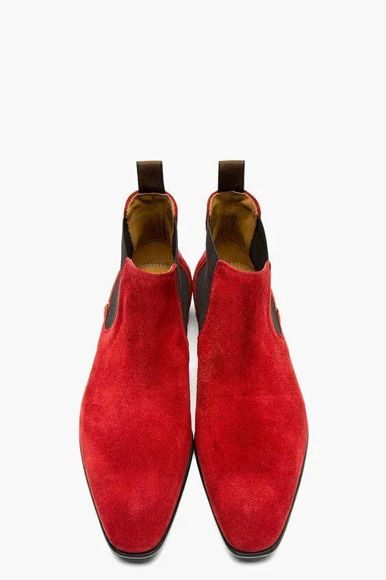 Stylish Handmade Men's Chelsea Ankle High Suede Red Fashion Boots