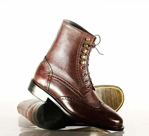 Stylish Handmade Men's Chocolate Brown Pebbled Leather Wing Tip Brogue Lace Up Boots, Men Ankle Boots, Men Fashion Boots