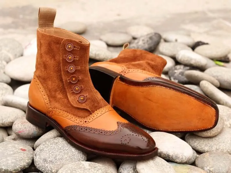 Stylish Handmade Men's Multi Shade Brown Leather Suede Wing Tip Brogue Button Boots, Men Ankle Boots, Men Fashion Boots