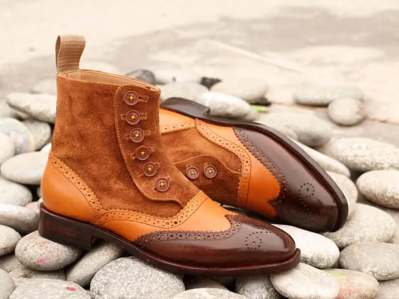 Stylish Handmade Men's Multi Shade Brown Leather Suede Wing Tip Brogue Button Boots, Men Ankle Boots, Men Fashion Boots