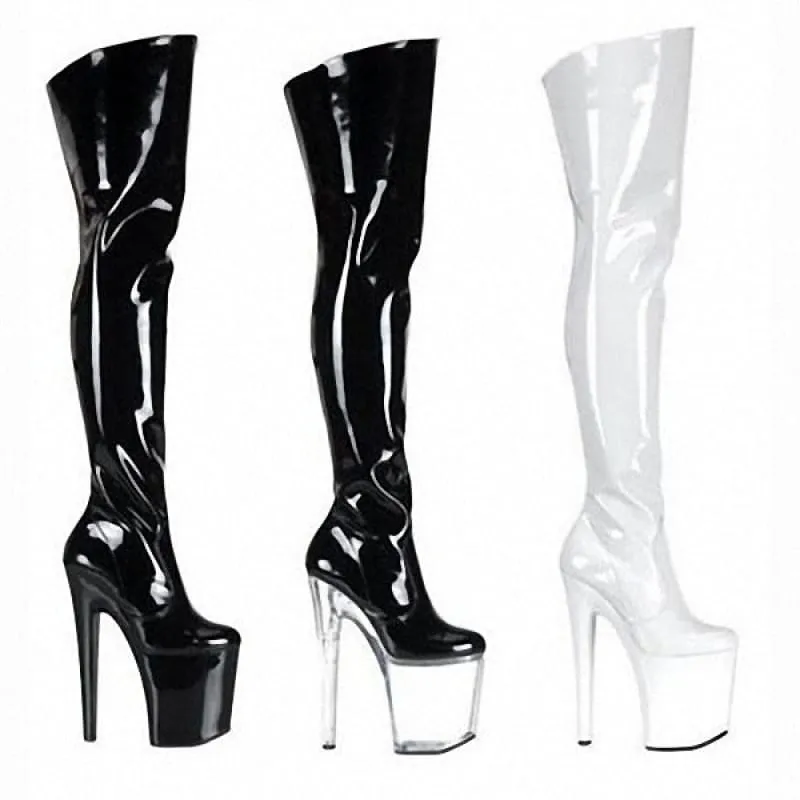 Stylish Patent Leather Ladies Boots with Transparent Heels in Black and White