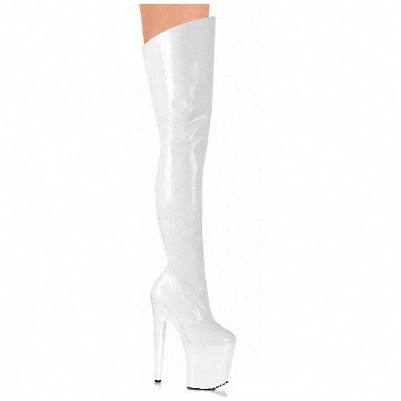 Stylish Patent Leather Ladies Boots with Transparent Heels in Black and White