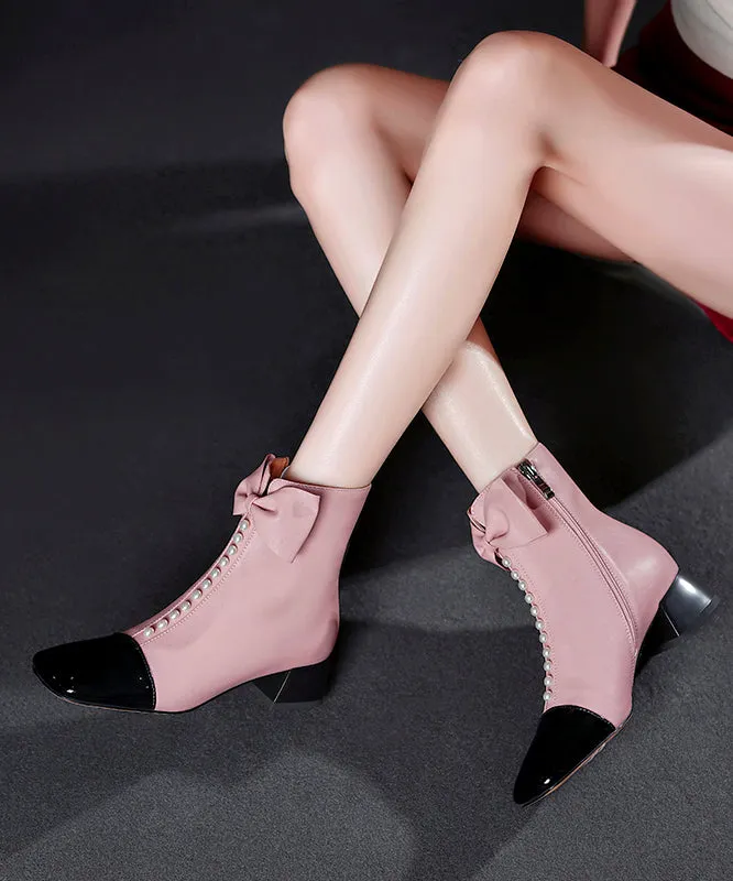 Stylish Pink Bow Nail Bead Splicing Chunky Boots QK062