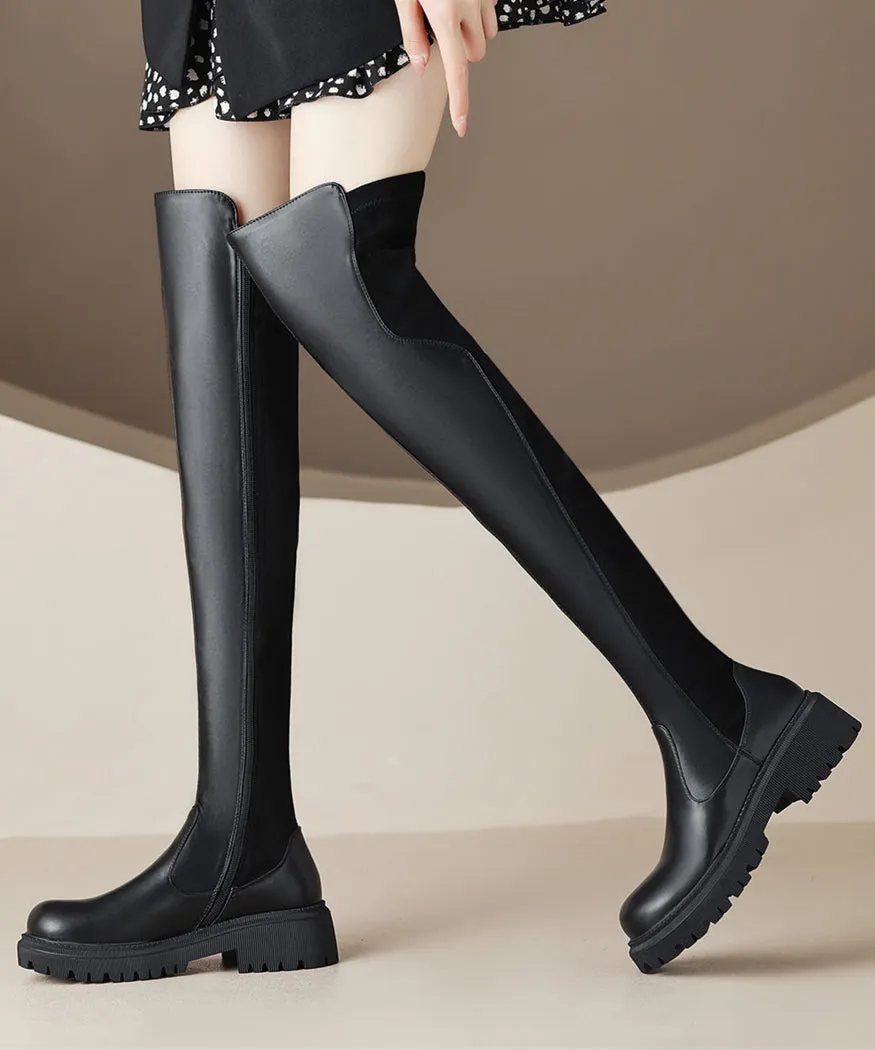 Stylish Splicing Chunky Thigh Boots Black Faux Leather WT042