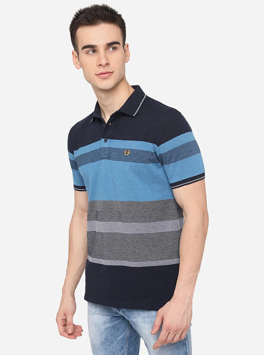 Twilight Blue Striped Slim Fit Polo T-Shirt | JadeBlue