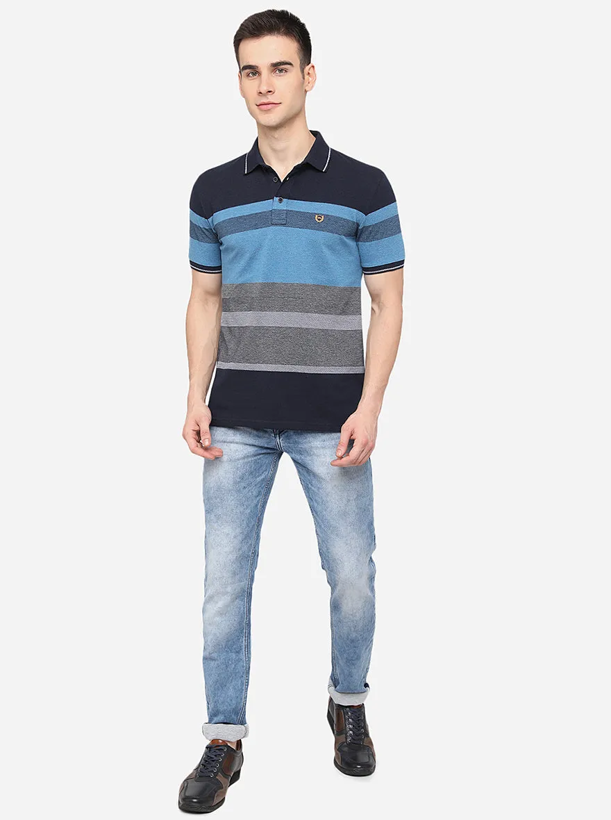 Twilight Blue Striped Slim Fit Polo T-Shirt | JadeBlue