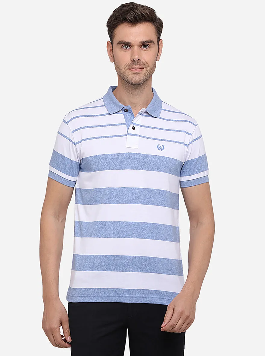 White & Blue Striped Slim Fit Polo T-Shirt | Greenfibre