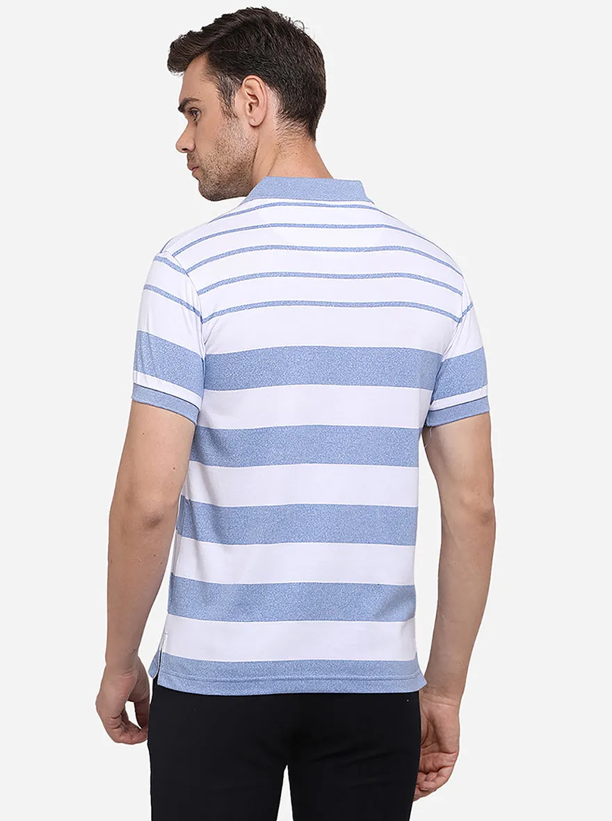 White & Blue Striped Slim Fit Polo T-Shirt | Greenfibre