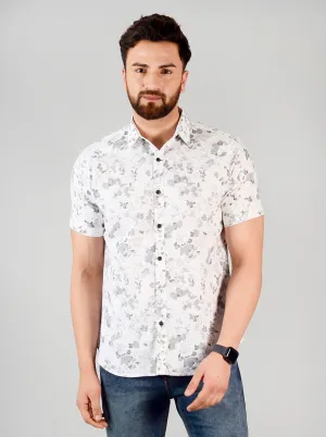 White & Grey Printed Slim Fit Casual Shirt | Greenfibre