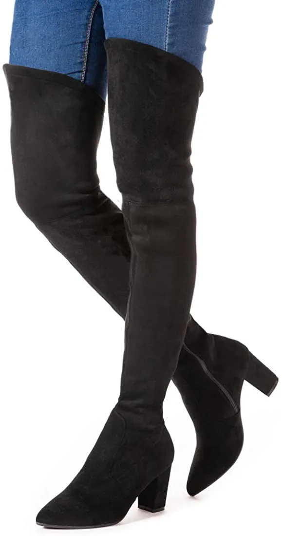 Winter Pink Suede Over Knee Chunky Heel Boots