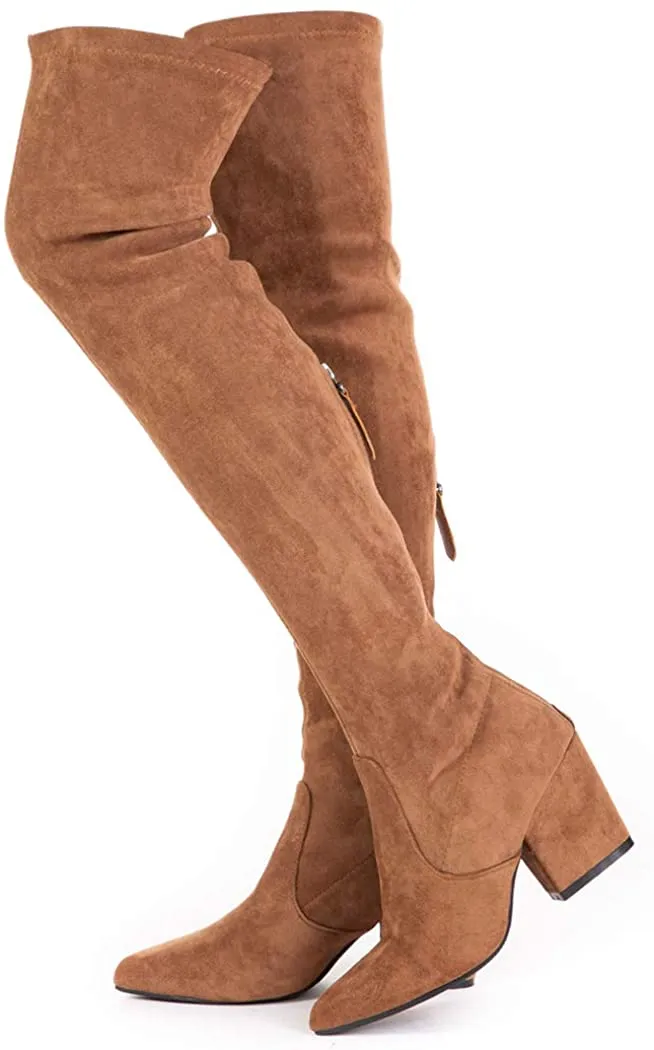 Winter Pink Suede Over Knee Chunky Heel Boots